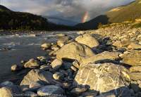 Rainbow over Landsborough River at Creswicke Flat, Southern Alps, New Zealand.
